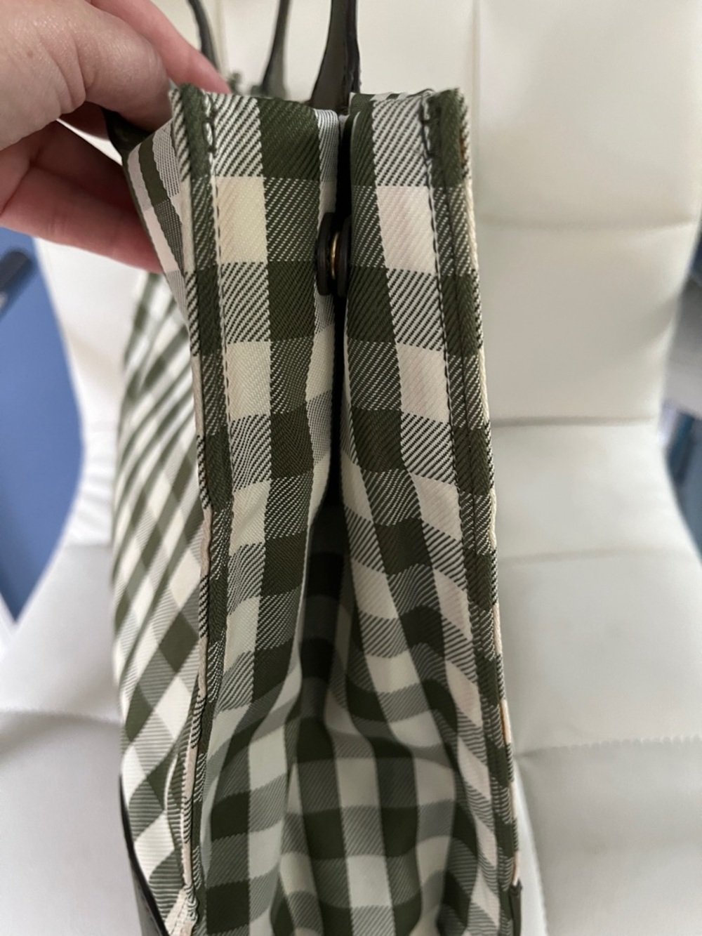 Tory Burch Olive and White Gingham Logo Tote with Leather Trim - Picture 9 of 11